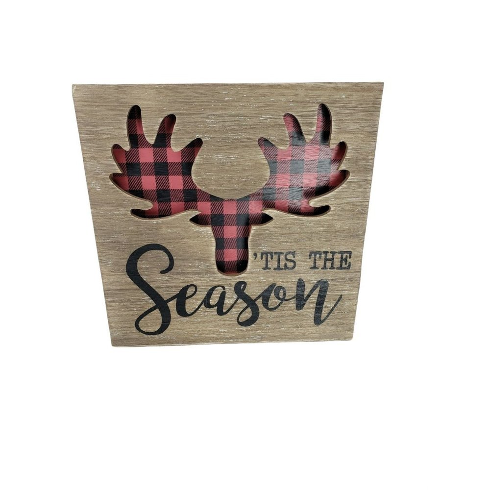 Tis The Season Buffalo Plaid Reindeer Hanging Sign Wall Decorative Red Black